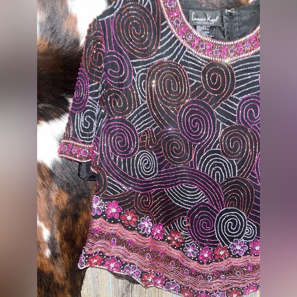 Laurence Kazar black 100% silk beaded pink and purple floral swirl top size 1X - Picture 2 of 7